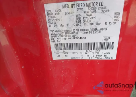 2006 Ford F-150 Fx4/Lariat/Xlt из США, поврежденный, VIN 1FTPW14V16FB14653